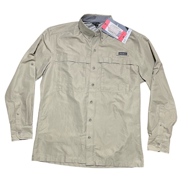 Eddie Bauer Men’s Guide Long Sleeve Rip Stop Button Down Shirt NWT In Beige Sz M - Picture 1 of 16